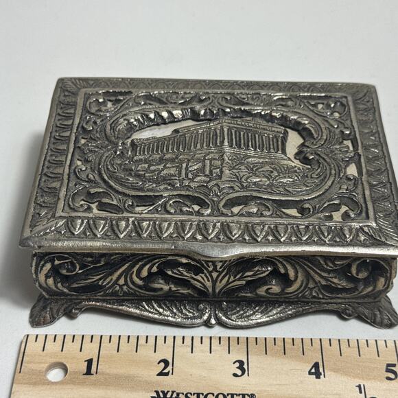 Antique Greek Trinket Box 5”x4.5” Parthenon Acropolis Athens Silver Plated/Solid - Picture 13 of 16